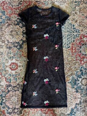 Black Sheer Lace Midi Dress with Floral Embroideries